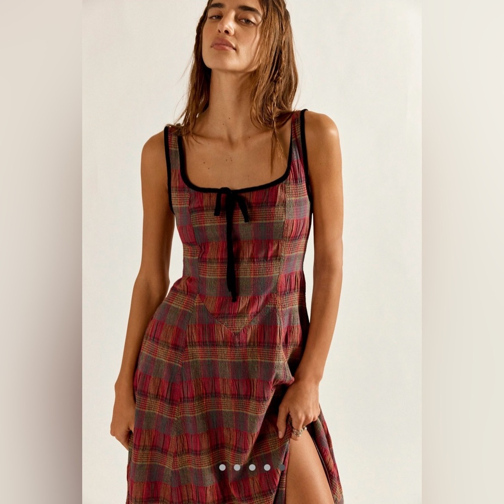 Free People Plaid Sleeveless Dress with Velvet Bow Accent - Picture 2 of 5